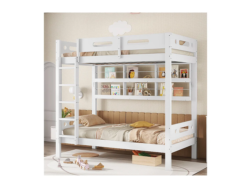 Lit superposé enfant 90x200 cm avec barrière de sécurité étagère ouverte échelle à cinq marches pin+MDF blanc