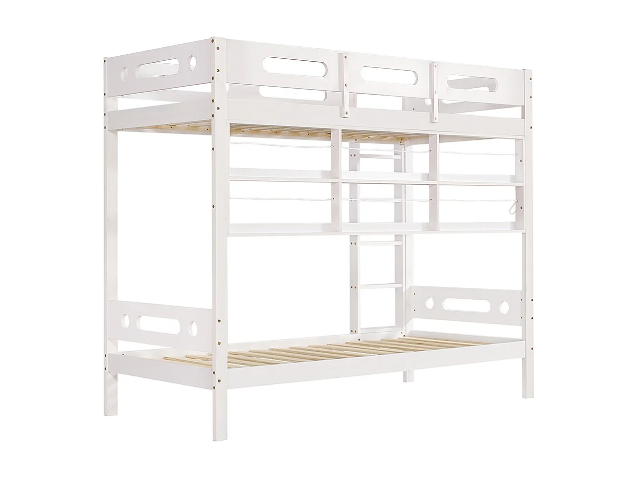 Lit superposé enfant 90x200 cm avec barrière de sécurité étagère ouverte échelle à cinq marches pin+MDF blanc