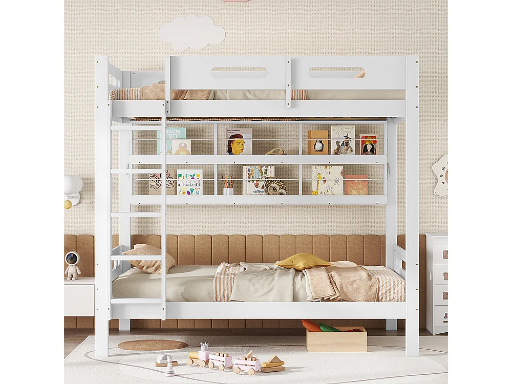 Lit superposé enfant 90x200 cm avec barrière de sécurité étagère ouverte échelle à cinq marches pin+MDF blanc