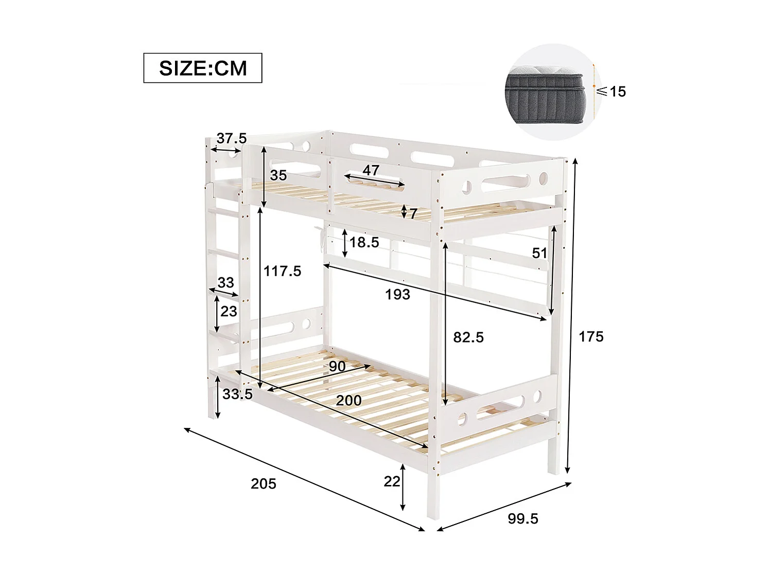 Lit superposé enfant 90x200 cm avec barrière de sécurité étagère ouverte échelle à cinq marches pin+MDF blanc