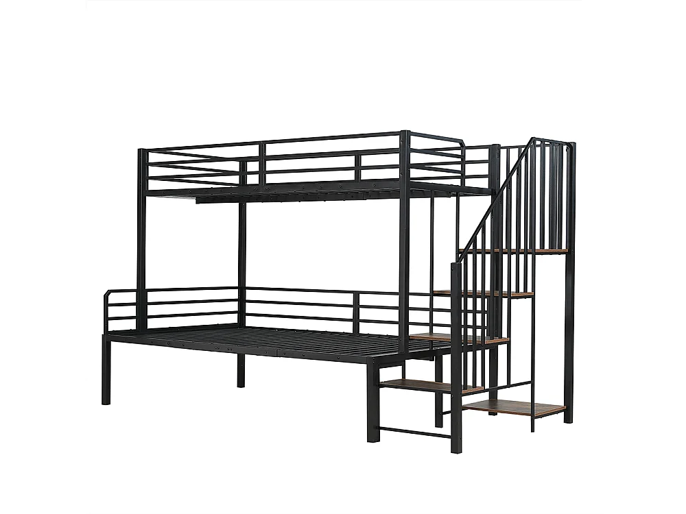 Lit superposé en fer 90x200 et 120x200 cm échelle d'angle avec espace de rangement MDF noir