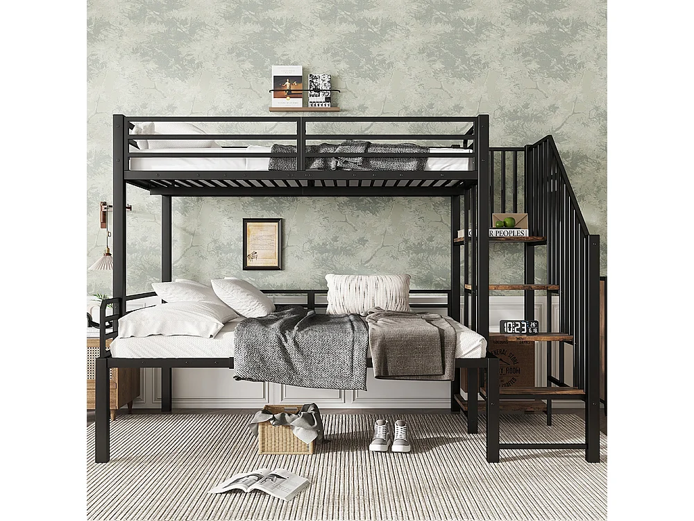 Lit superposé en fer 90x200 et 120x200 cm échelle d'angle avec espace de rangement MDF noir
