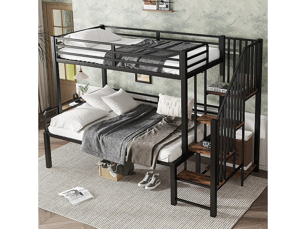 Lit superposé en fer 90x200 et 120x200 cm échelle d'angle avec espace de rangement MDF noir