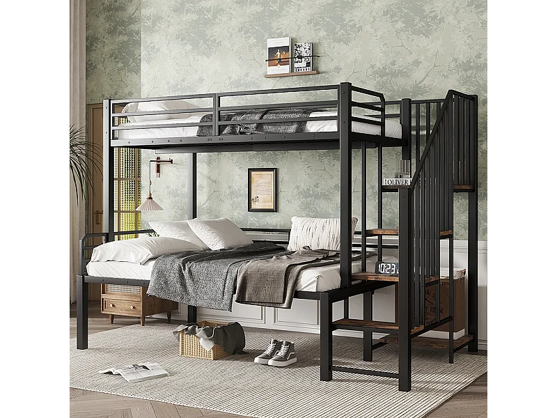 Lit superposé en fer 90x200 et 120x200 cm échelle d'angle avec espace de rangement MDF noir