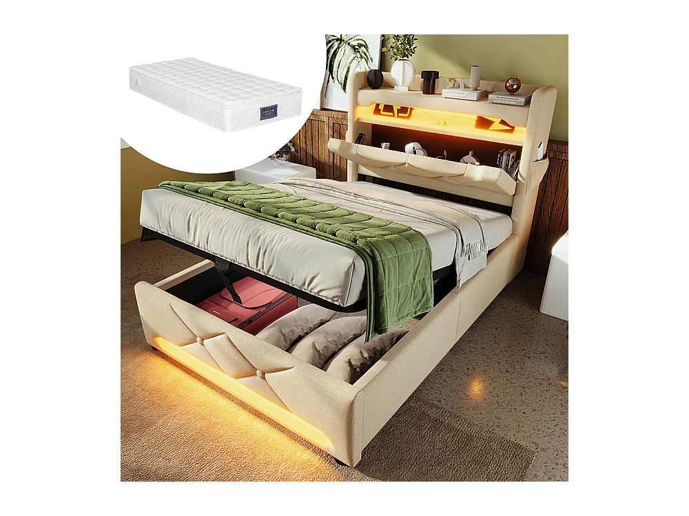 Lit coffre rembourré 90x200 avec LED 360° et ports USB & Type-C tête de lit avec rangement lin beige avec matelas
