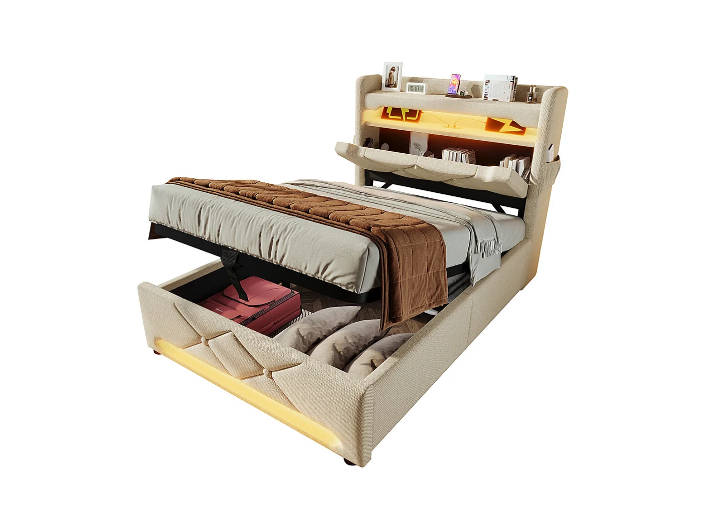 Lit coffre rembourré 90x200 avec LED 360° et ports USB & Type-C tête de lit avec rangement lin beige avec matelas