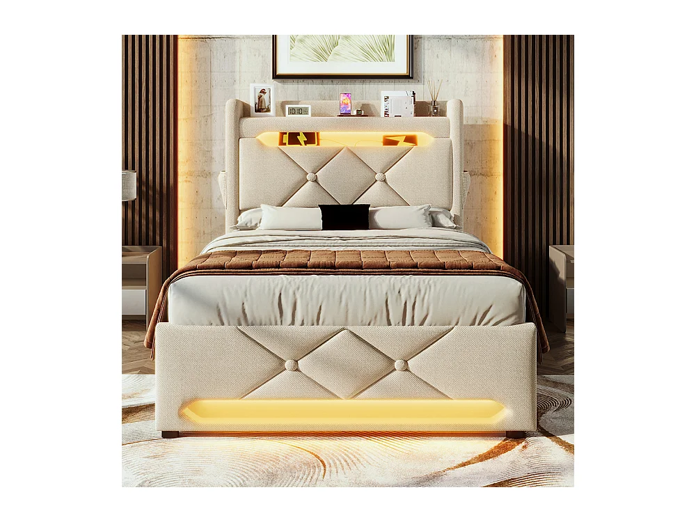 Lit coffre rembourré 90x200 avec LED 360° et ports USB & Type-C tête de lit avec rangement lin beige avec matelas