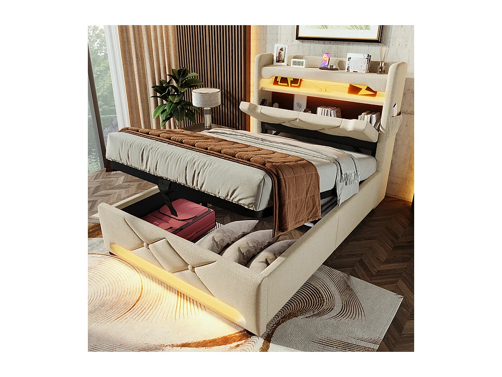 Lit coffre rembourré 90x200 avec LED 360° et ports USB & Type-C tête de lit avec rangement lin beige avec matelas