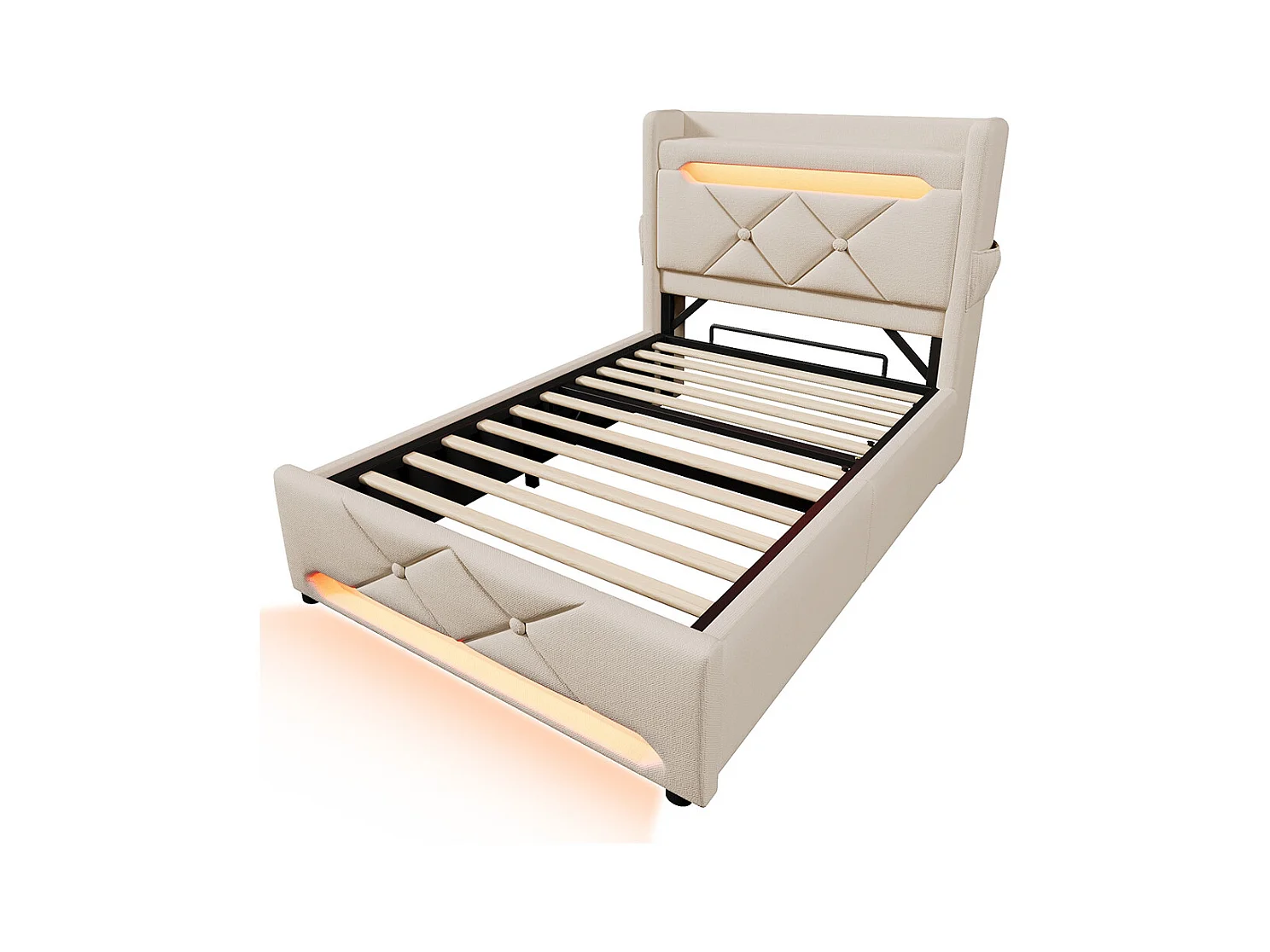 Lit coffre rembourré 90x200 avec LED 360° et ports USB & Type-C tête de lit avec rangement lin beige avec matelas
