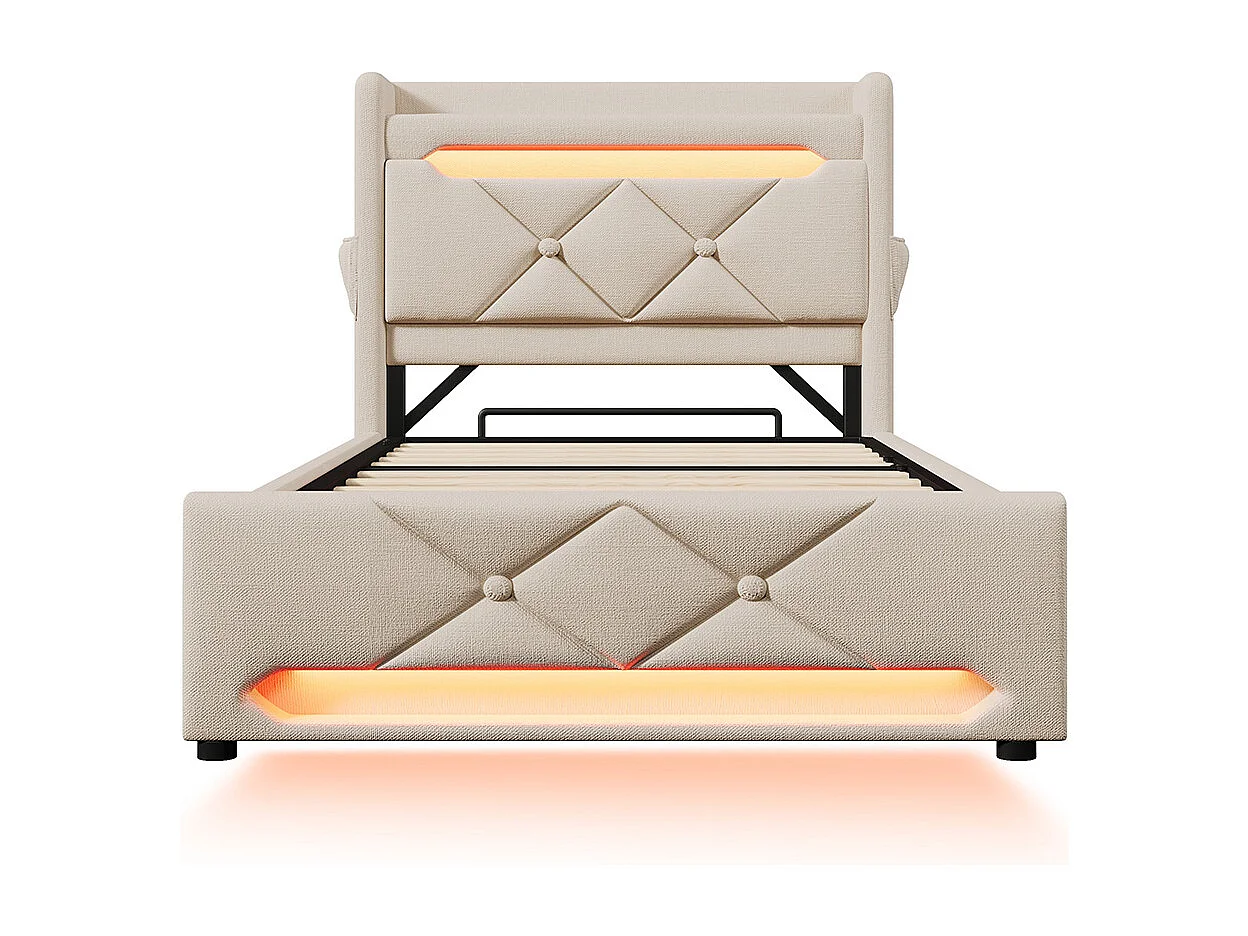 Lit coffre rembourré 90x200 avec LED 360° et ports USB & Type-C tête de lit avec rangement lin beige avec matelas