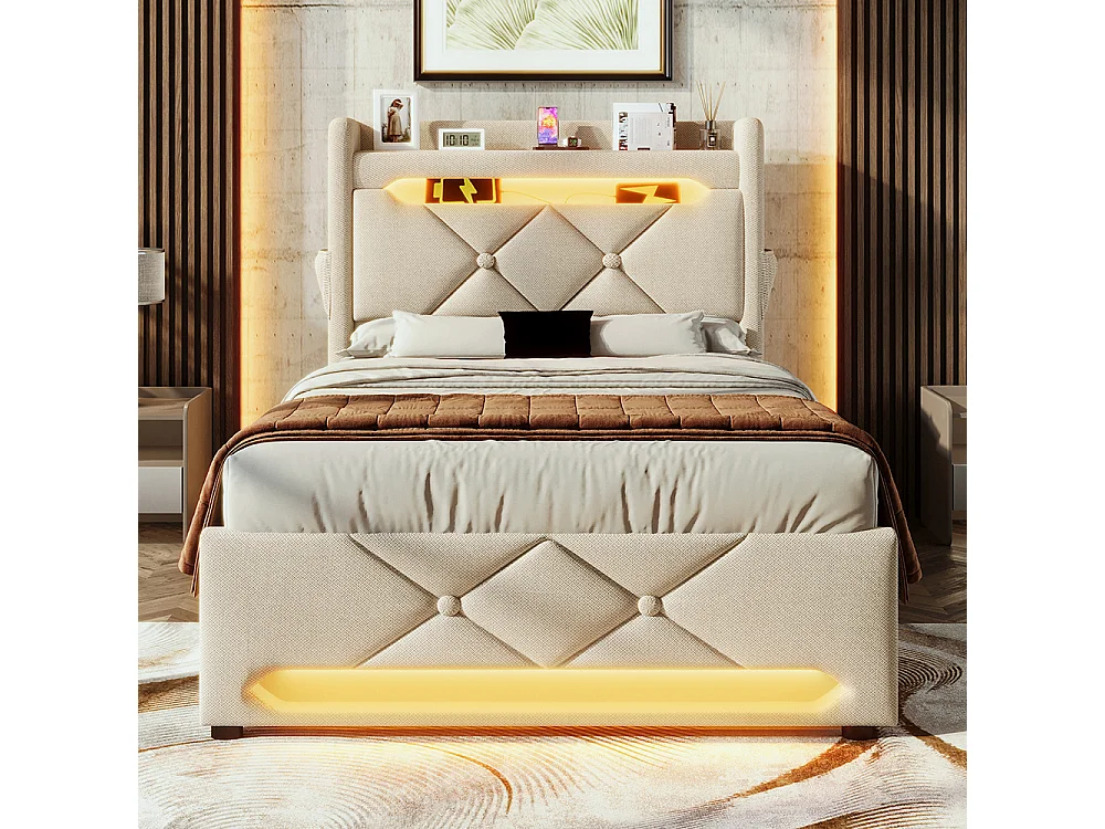 Lit coffre rembourré 90x200 avec LED 360° et ports USB & Type-C tête de lit avec rangement lin beige avec matelas