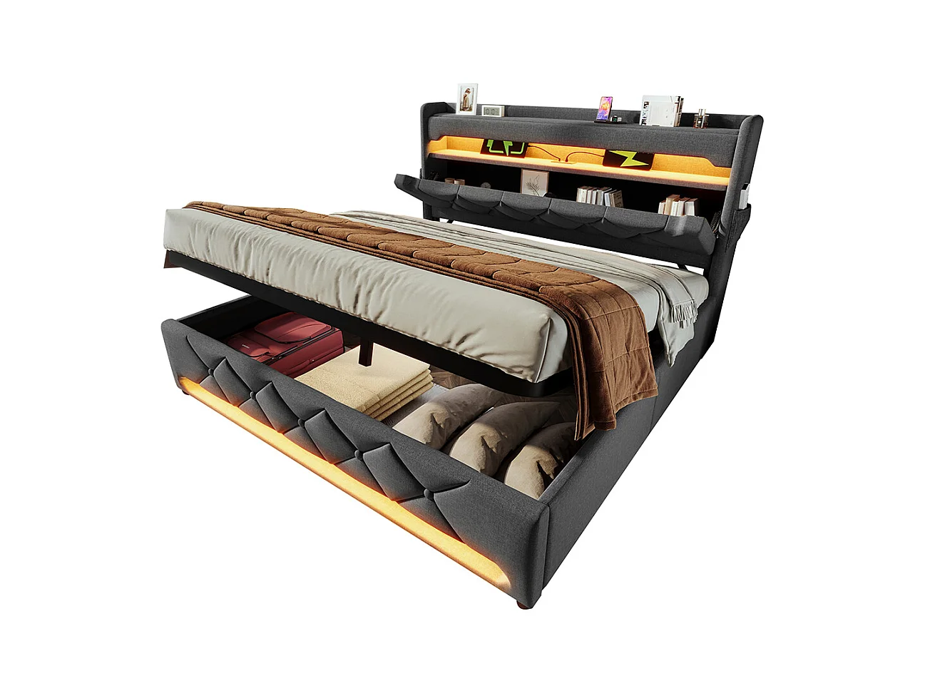 Lit coffre rembourré 140x200 avec LED 360° et ports USB & Type-C tête de lit avec rangement lin gris avec matelas