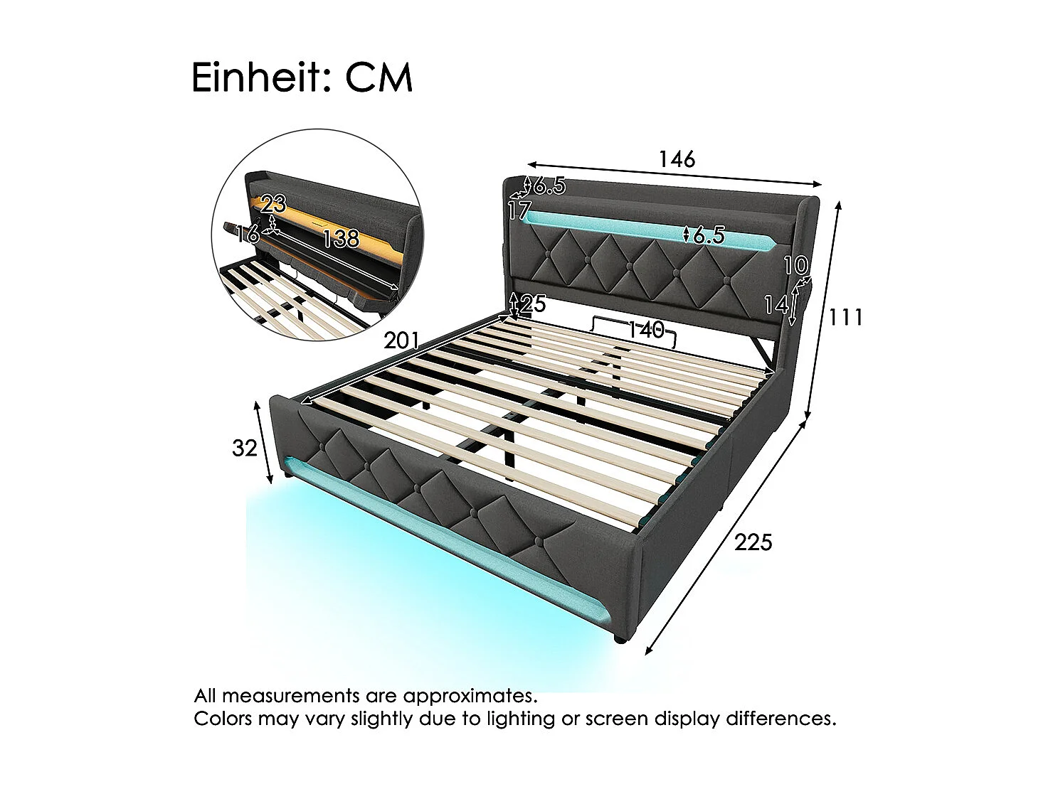 Lit coffre rembourré 140x200 avec LED 360° et ports USB & Type-C tête de lit avec rangement lin gris avec matelas
