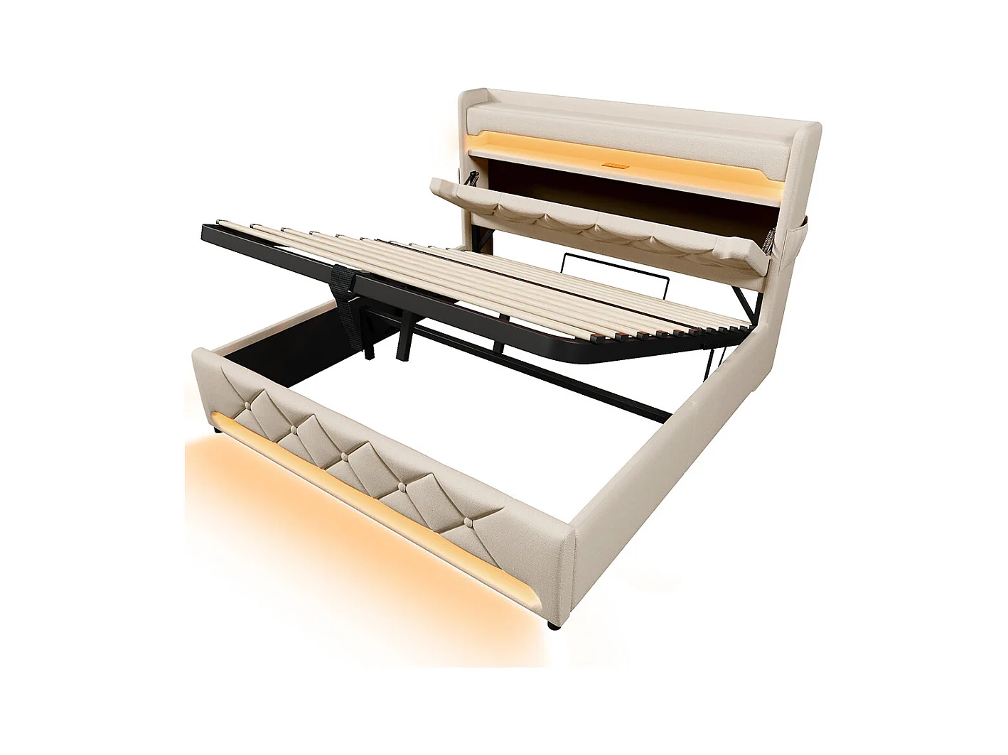 Lit coffre rembourré 160x200 avec LED 360° et ports USB & Type-C tête de lit avec rangement lin beige avec matelas