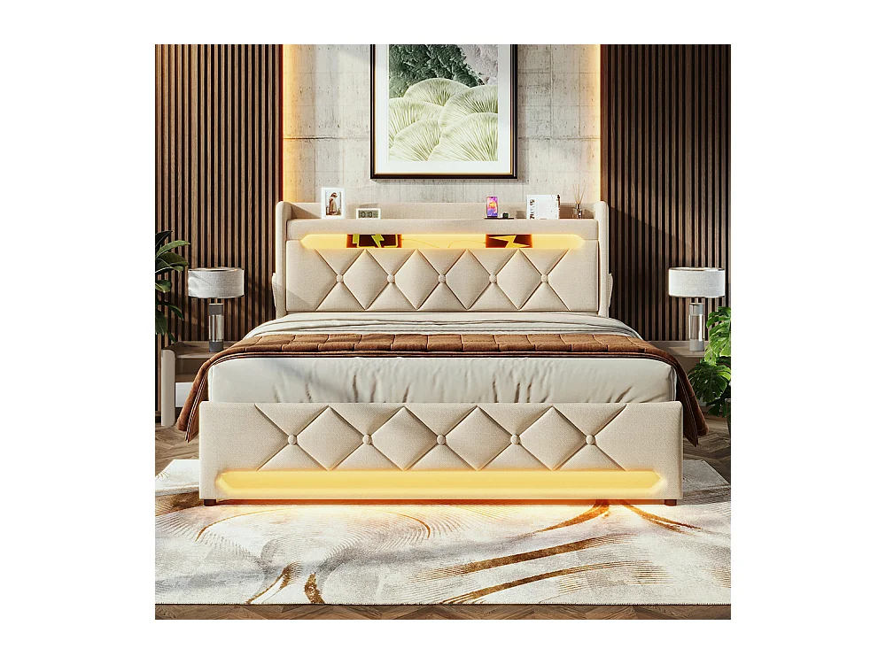 Lit coffre rembourré 160x200 avec LED 360° et ports USB & Type-C tête de lit avec rangement lin beige avec matelas