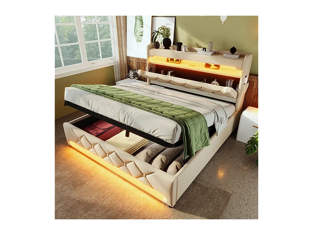 Lit coffre rembourré 160x200 avec LED 360° et ports USB & Type-C tête de lit avec rangement lin beige avec matelas