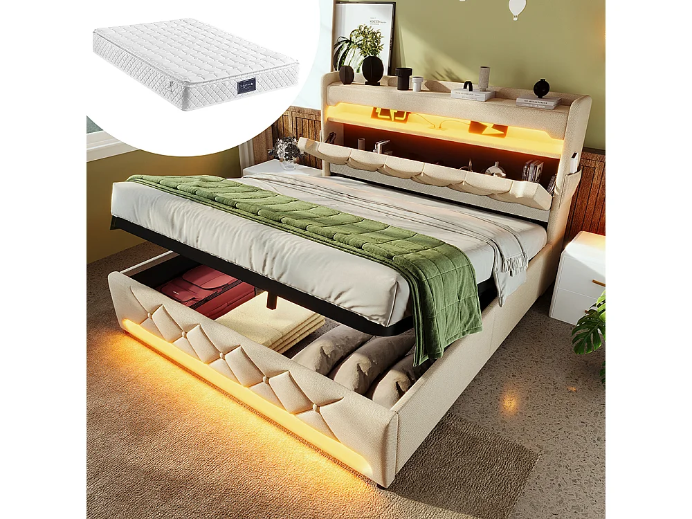 Lit coffre rembourré 160x200 avec LED 360° et ports USB & Type-C tête de lit avec rangement lin beige avec matelas