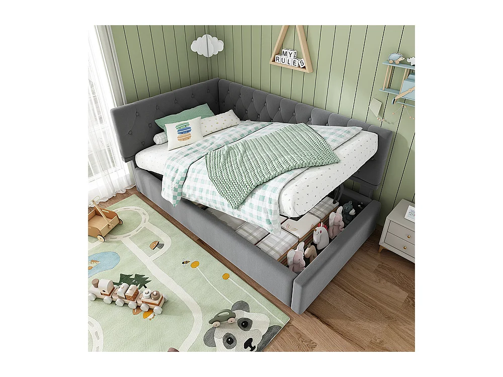 Lit coffre rembourré 90x200 cm avec espace de rangement hydraulique lit enfant cadre de lit avec sommier à lattes en bois velours gris