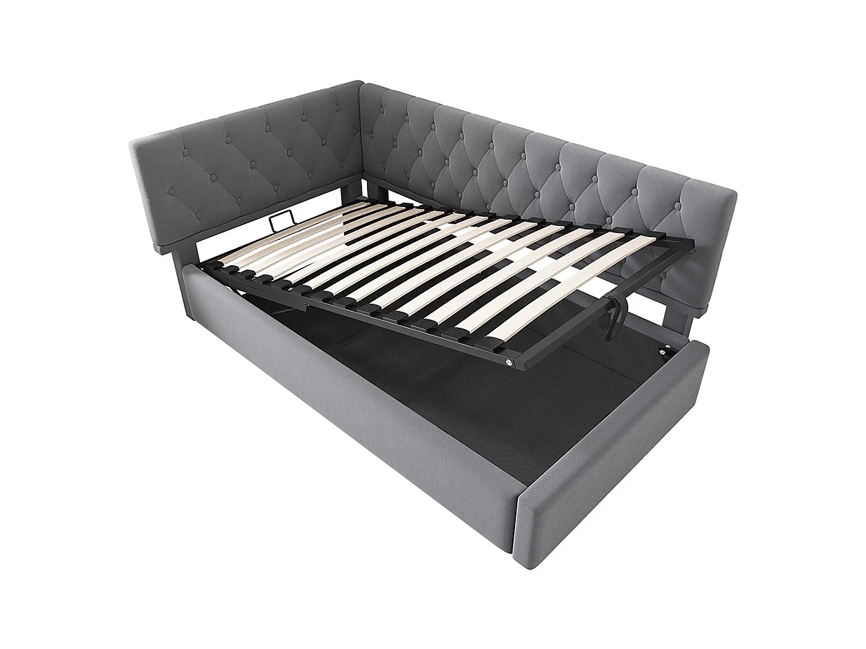 Lit coffre rembourré 90x200 cm avec espace de rangement hydraulique lit enfant cadre de lit avec sommier à lattes en bois velours gris