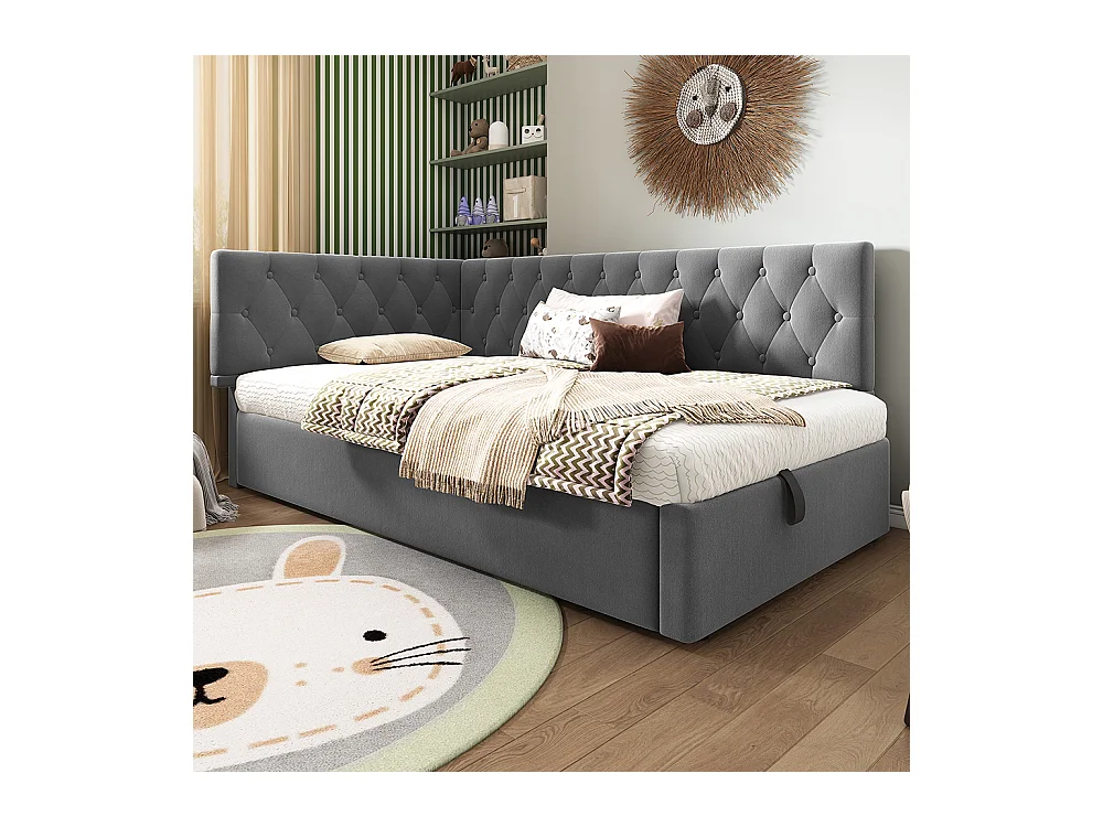Lit coffre rembourré 90x200 cm avec espace de rangement hydraulique lit enfant cadre de lit avec sommier à lattes en bois velours gris