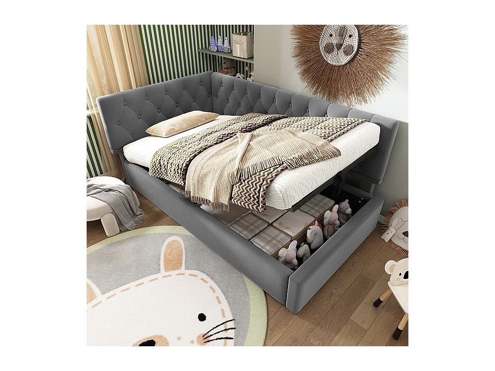 Lit coffre rembourré 90x200 cm avec espace de rangement hydraulique lit enfant cadre de lit avec sommier à lattes en bois velours gris