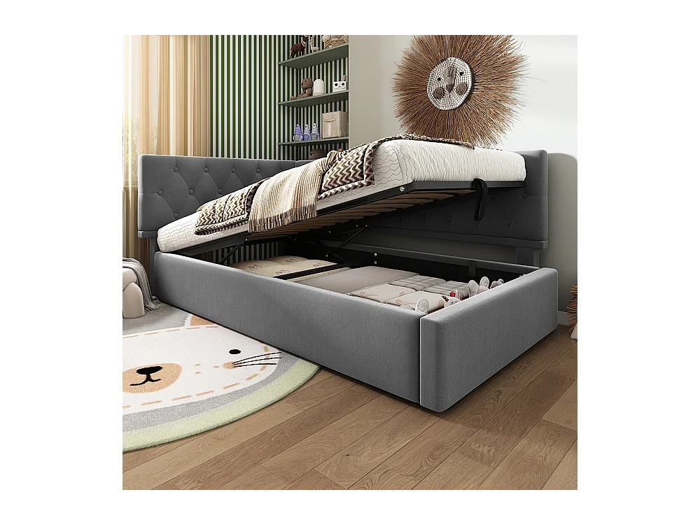 Lit coffre rembourré 90x200 cm avec espace de rangement hydraulique lit enfant cadre de lit avec sommier à lattes en bois velours gris