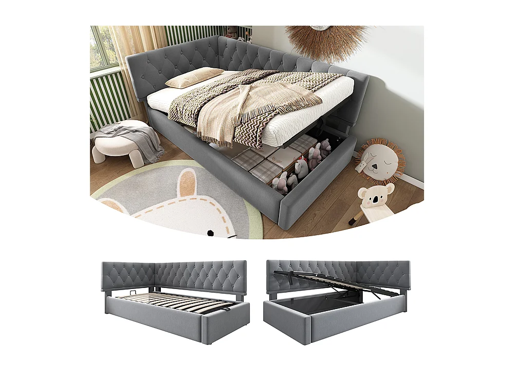 Lit coffre rembourré 90x200 cm avec espace de rangement hydraulique lit enfant cadre de lit avec sommier à lattes en bois velours gris