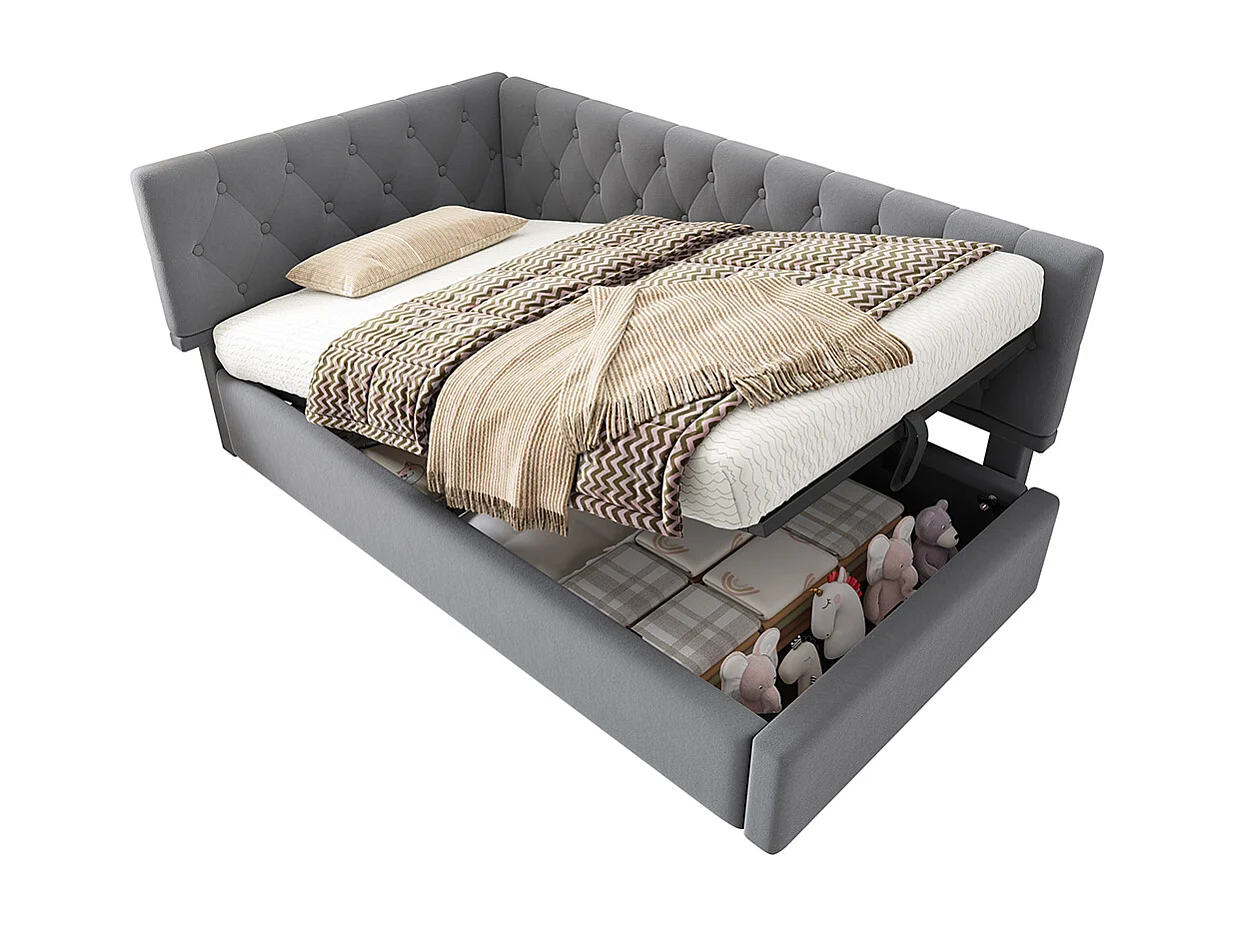 Lit coffre rembourré 90x200 cm avec espace de rangement hydraulique lit enfant cadre de lit avec sommier à lattes en bois velours gris