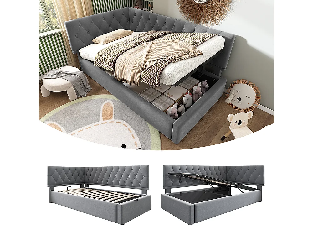 Lit coffre rembourré 90x200 cm avec espace de rangement hydraulique lit enfant cadre de lit avec sommier à lattes en bois velours gris
