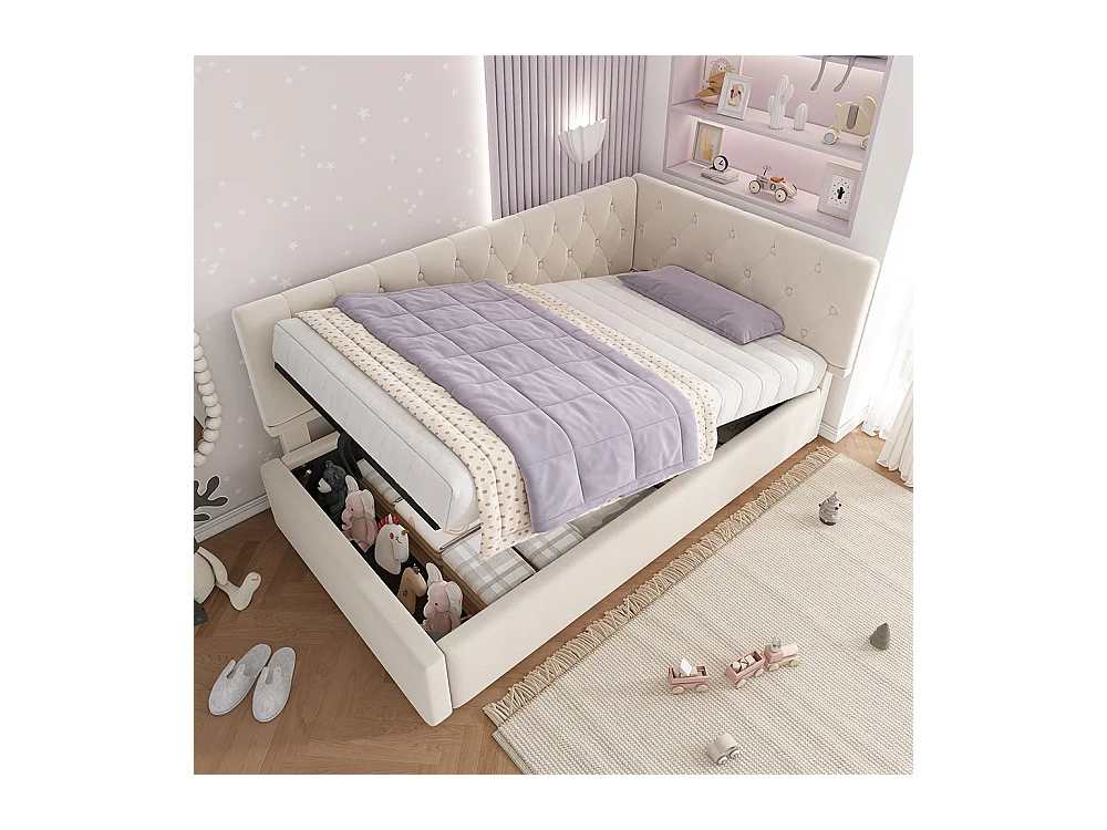 Lit coffre rembourré 90x200 cm avec espace de rangement hydraulique lit enfant cadre de lit avec sommier à lattes en bois velours beige