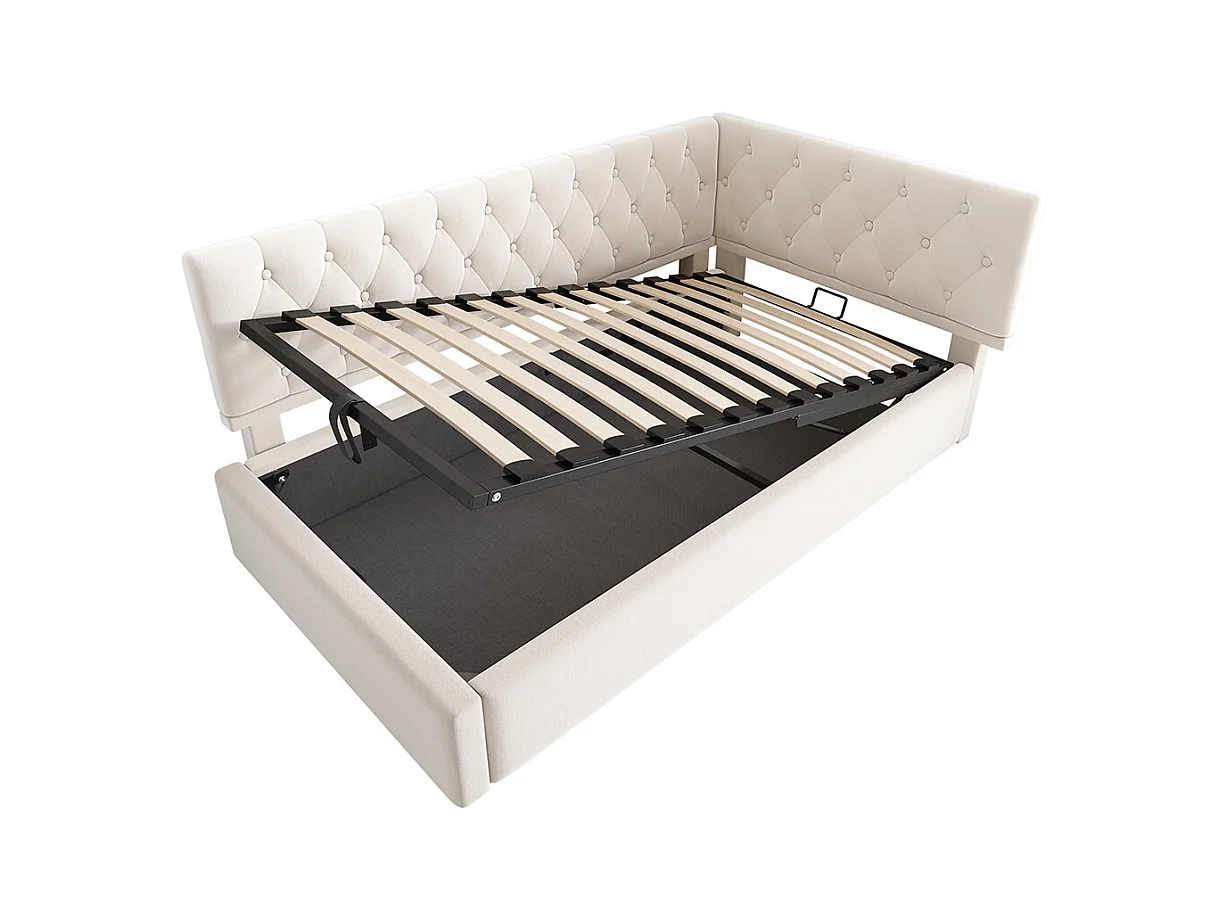 Lit coffre rembourré 90x200 cm avec espace de rangement hydraulique lit enfant cadre de lit avec sommier à lattes en bois velours beige