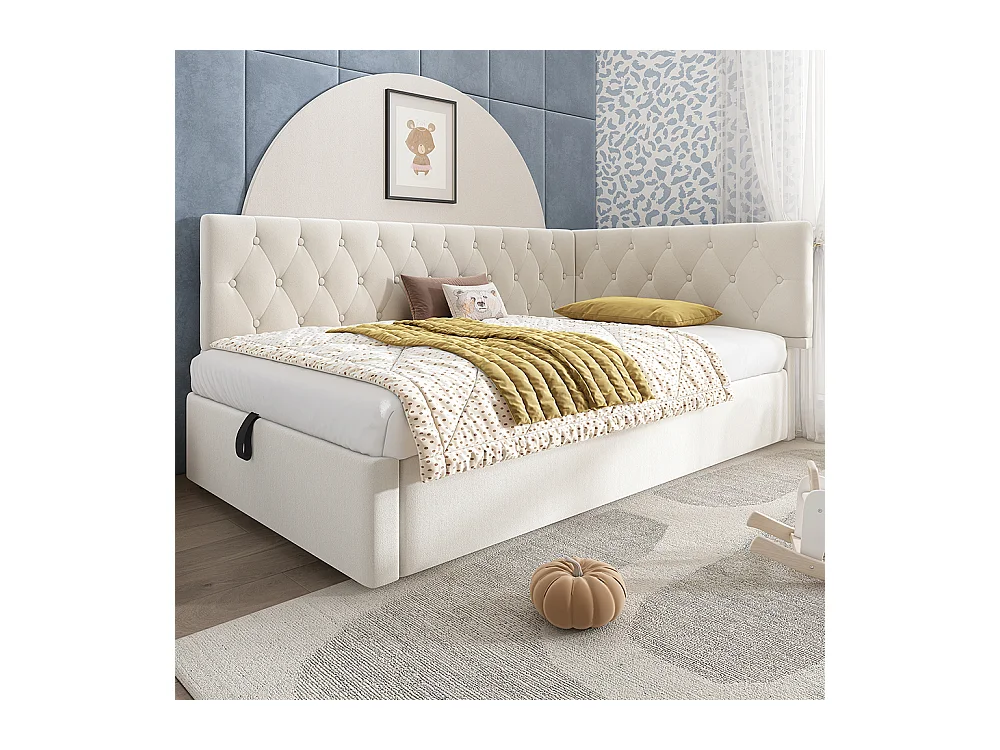 Lit coffre rembourré 90x200 cm avec espace de rangement hydraulique lit enfant cadre de lit avec sommier à lattes en bois velours beige