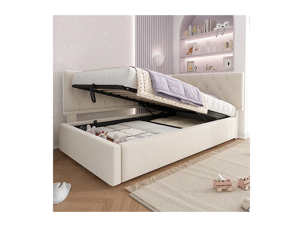 Lit coffre rembourré 90x200 cm avec espace de rangement hydraulique lit enfant cadre de lit avec sommier à lattes en bois velours beige