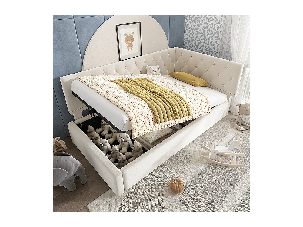 Lit coffre rembourré 90x200 cm avec espace de rangement hydraulique lit enfant cadre de lit avec sommier à lattes en bois velours beige