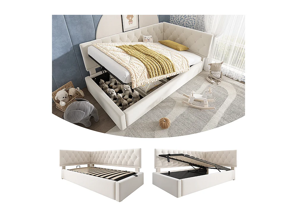 Lit coffre rembourré 90x200 cm avec espace de rangement hydraulique lit enfant cadre de lit avec sommier à lattes en bois velours beige