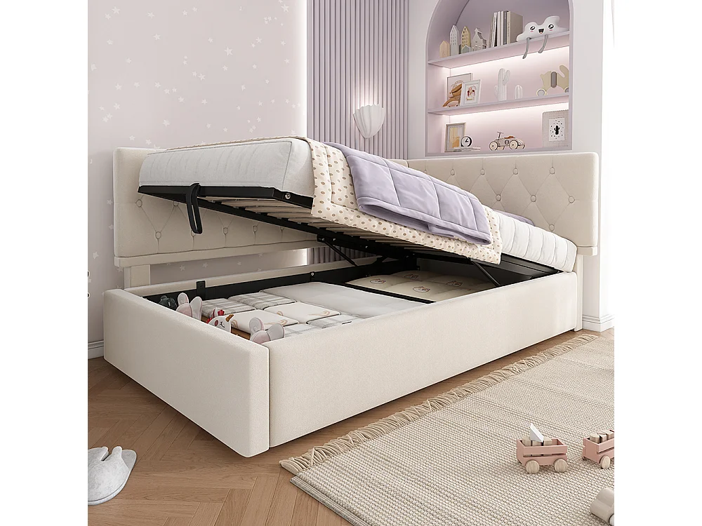 Lit coffre rembourré 90x200 cm avec espace de rangement hydraulique lit enfant cadre de lit avec sommier à lattes en bois velours beige