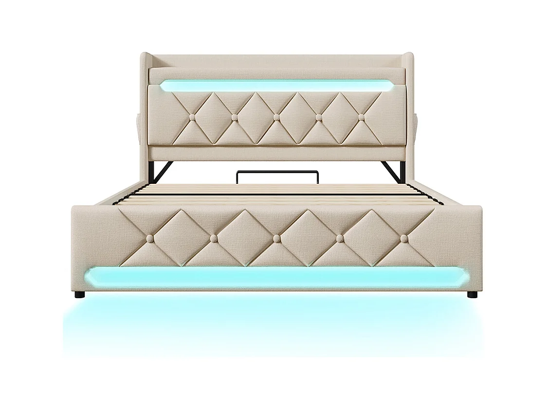 Lit coffre rembourré 160x200 avec LED 360° et ports USB & Type-C tête de lit avec rangement lin beige