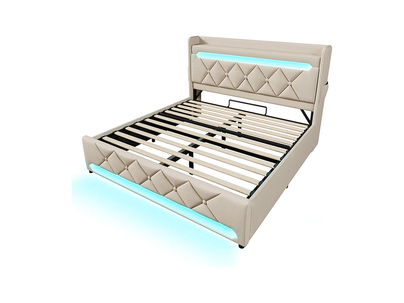 Lit coffre rembourré 160x200 avec LED 360° et ports USB & Type-C tête de lit avec rangement lin beige