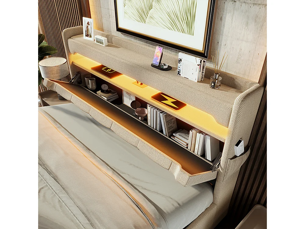 Lit coffre rembourré 160x200 avec LED 360° et ports USB & Type-C tête de lit avec rangement lin beige