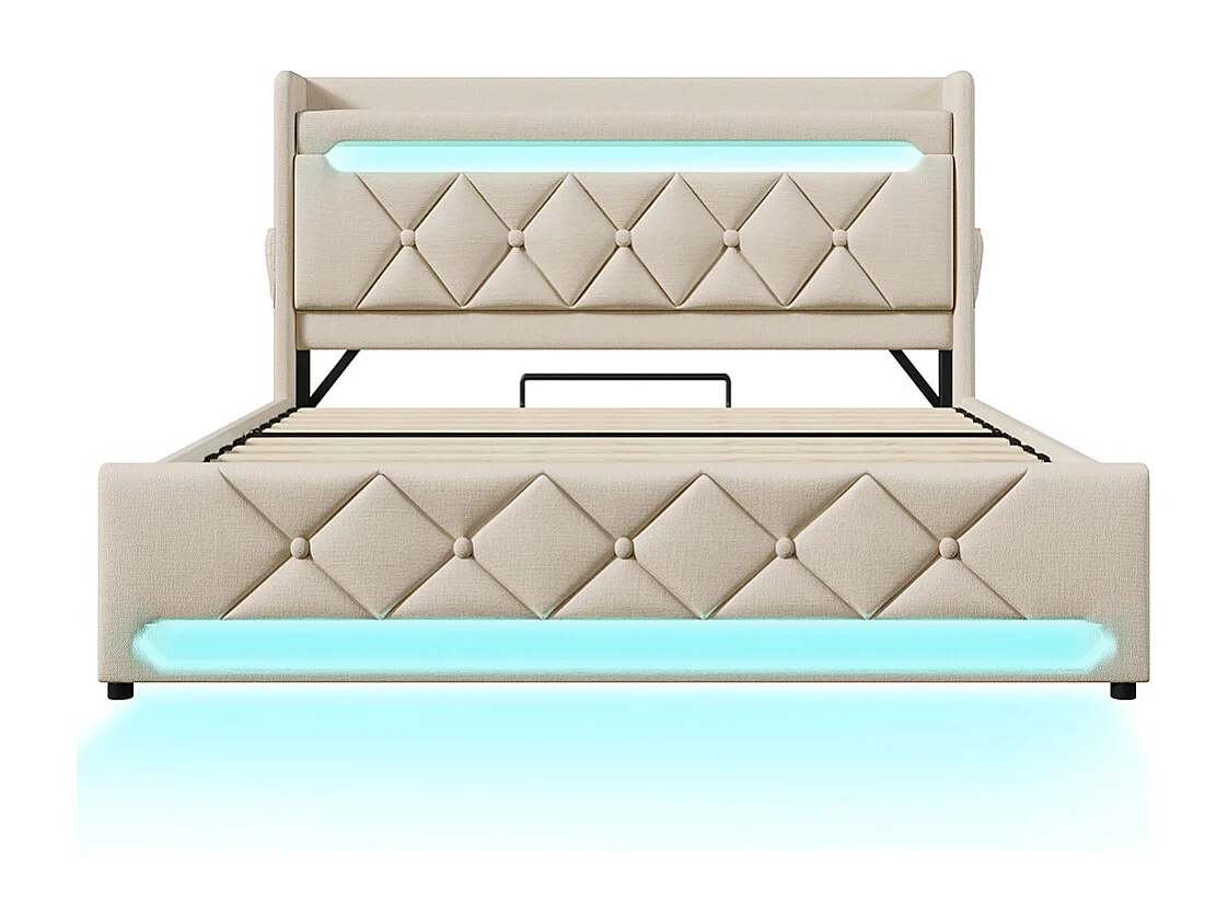 Lit coffre rembourré 160x200 avec LED 360° et ports USB & Type-C tête de lit avec rangement lin beige