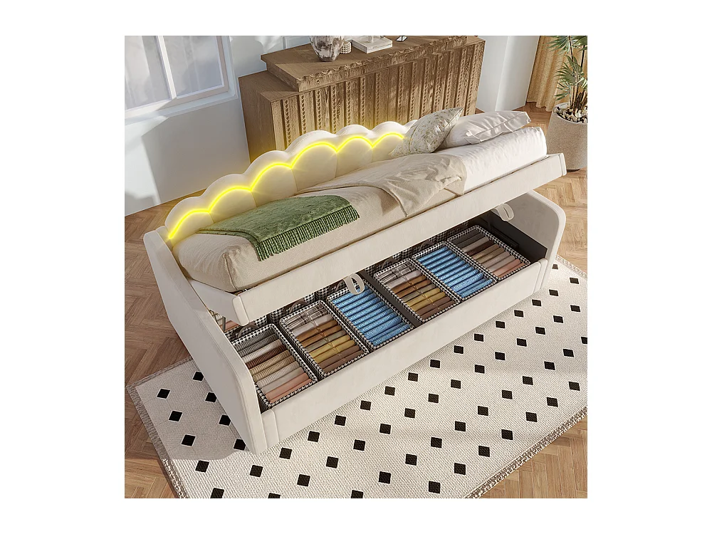 Lit coffre 90x200 cm canapé-lit avec espace de rangement lit simple velours bande LED changeant de couleur beige