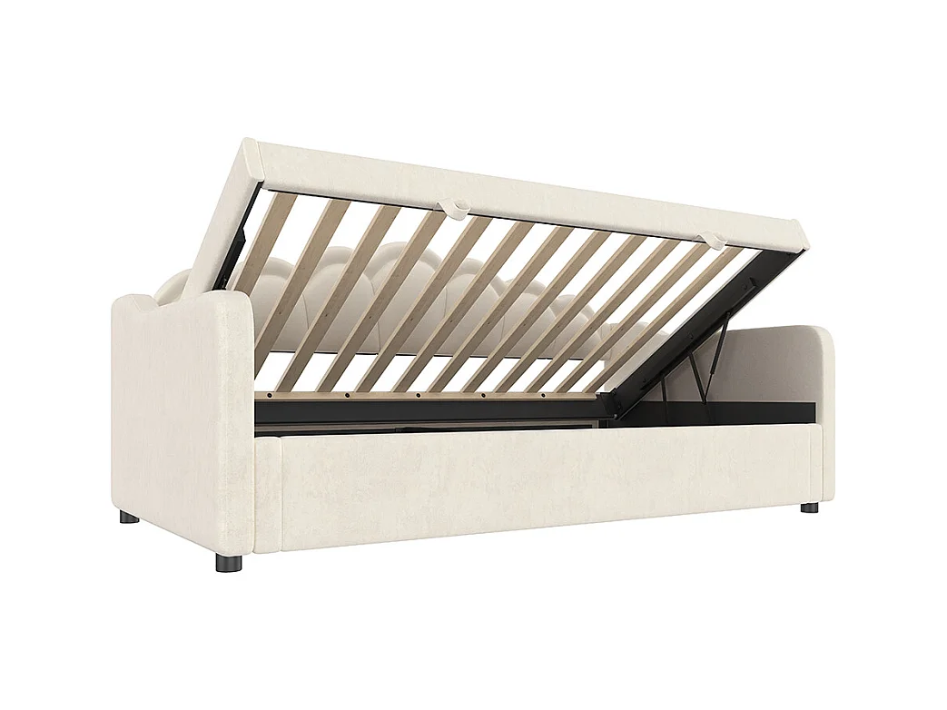 Lit coffre 90x200 cm canapé-lit avec espace de rangement lit simple velours bande LED changeant de couleur beige