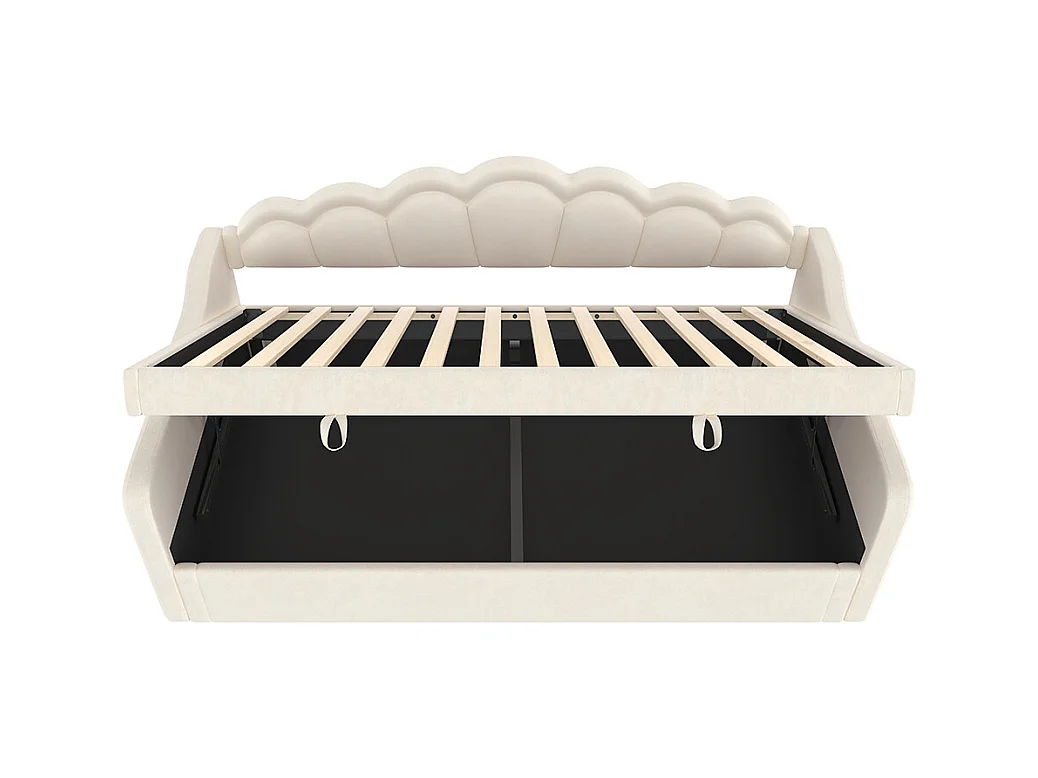 Lit coffre 90x200 cm canapé-lit avec espace de rangement lit simple velours bande LED changeant de couleur beige