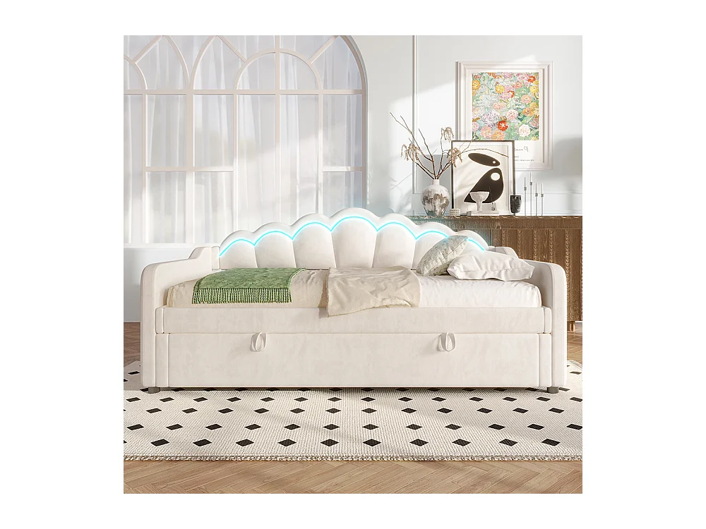 Lit coffre 90x200 cm canapé-lit avec espace de rangement lit simple velours bande LED changeant de couleur beige