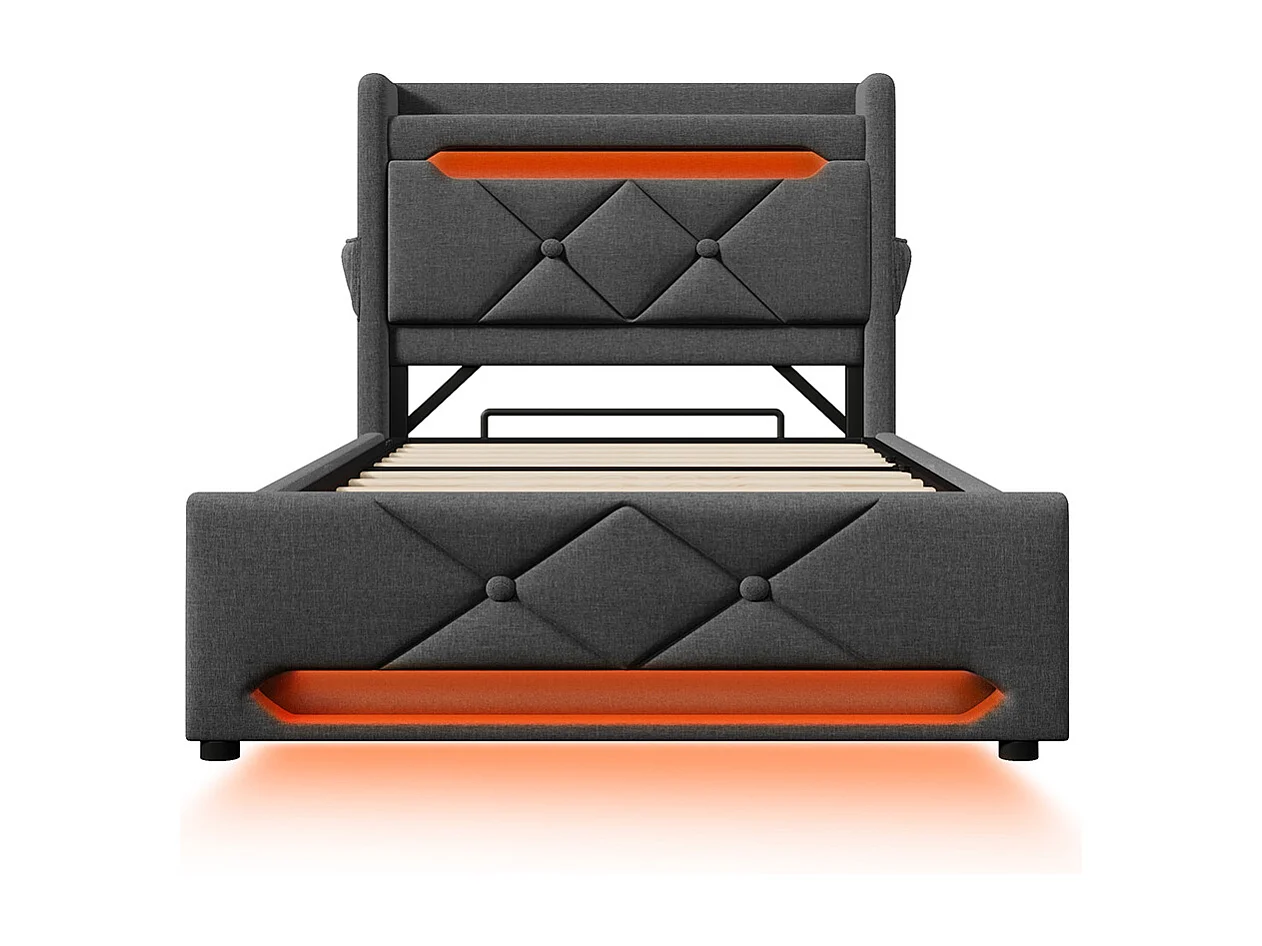 Lit coffre rembourré 90x200 avec LED 360° et ports USB & Type-C tête de lit avec rangement lin gris