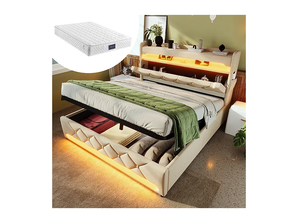 Lit coffre rembourré 140x200 avec LED 360° et ports USB & Type-C tête de lit avec rangement lin beige avec matelas