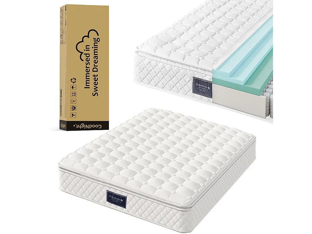 Lit coffre rembourré 140x200 avec LED 360° et ports USB & Type-C tête de lit avec rangement lin beige avec matelas