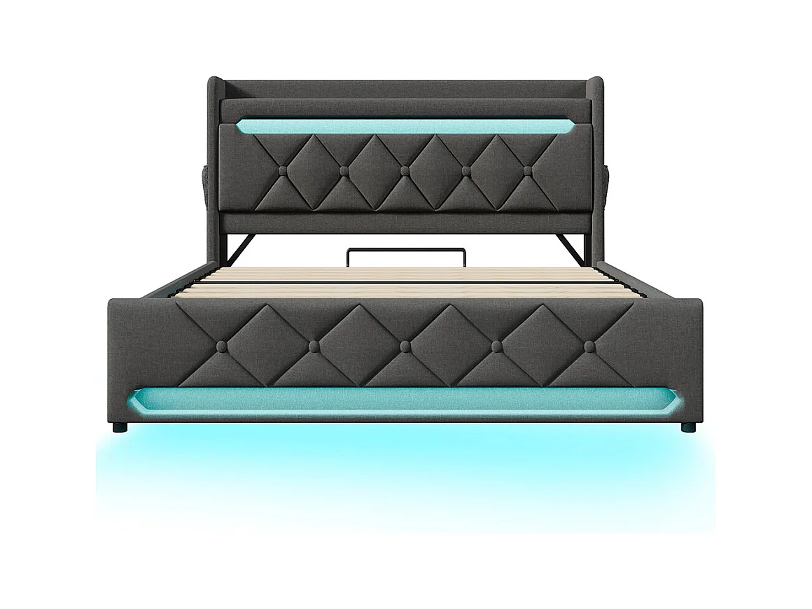 Lit coffre rembourré 160x200 avec LED 360° et ports USB & Type-C tête de lit avec rangement lin gris