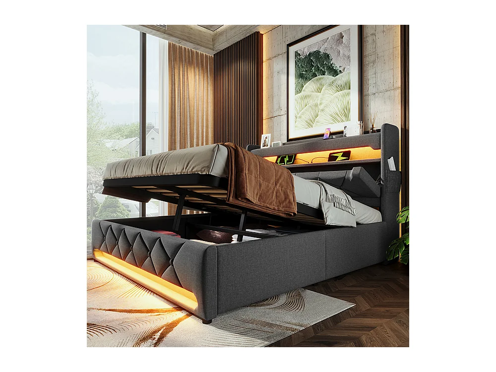 Lit coffre rembourré 160x200 avec LED 360° et ports USB & Type-C tête de lit avec rangement lin gris