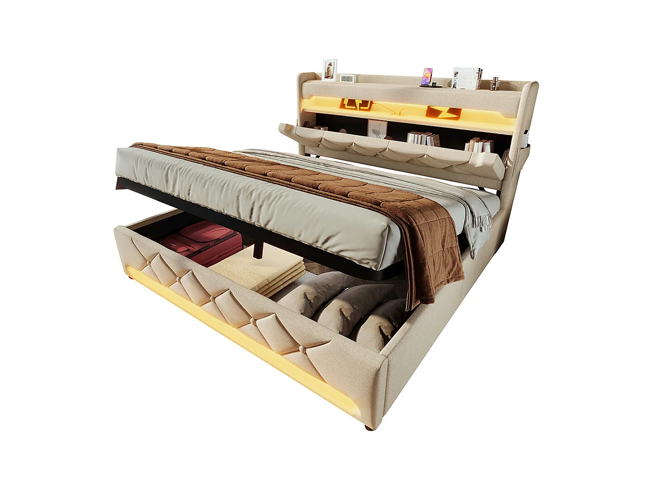 Lit coffre rembourré 140x200 avec LED 360° et ports USB & Type-C tête de lit avec rangement lin beige